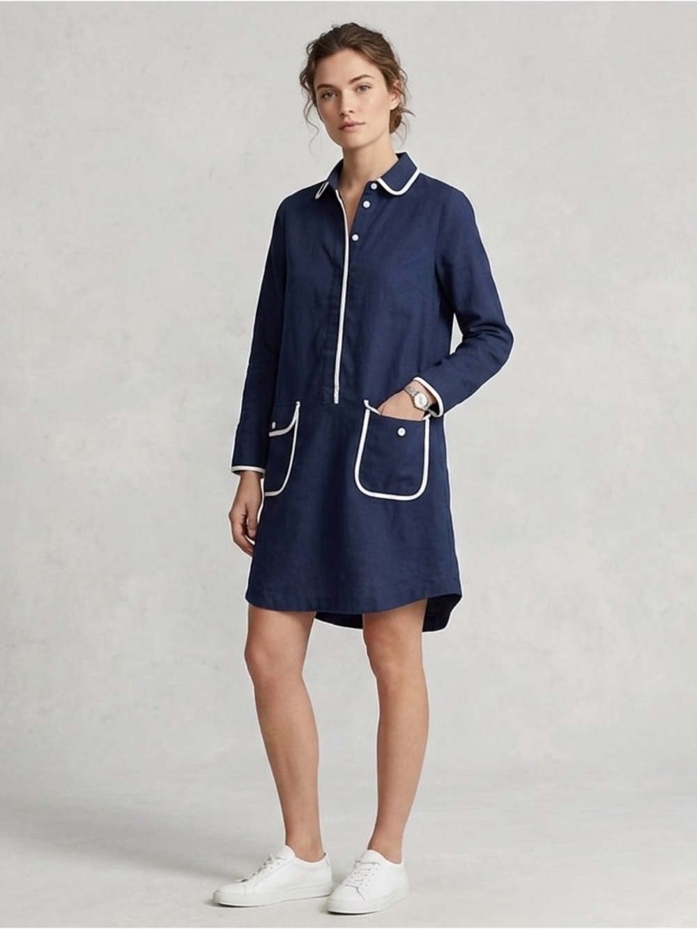 Pomander Place Navy Dress with Cream Piping